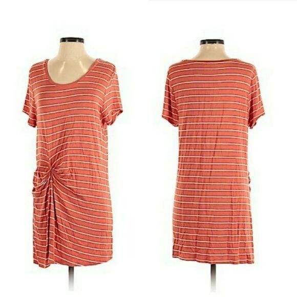 Deletta Casual T-shirt Dress Stretch Striped Ruched Knotted Waist Orange Sz S - Picture 1 of 11